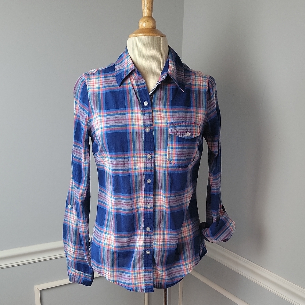 KRAZY KAT Blue Plaid Western Preppy Casual Long Sleeve Button Down Shirt‎ Top M